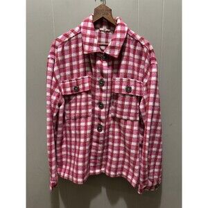 Jodifl Woven Flannel Shacket Women’s Sz L Pink & Red Plaid Cowgirl Boho EUC